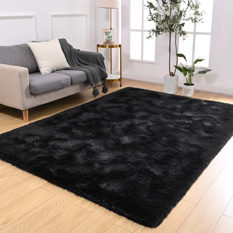 Softlife Black Area Rug for Bedroom, Fluffy Shag Plush Rugs for Living Room Girls, Shaggy Throw Soft Fuzzy Small Kids Carpet for Dorm Bedside Ultra Cozy Non-Slip Indoor Decor, 4x5.3 Feet - Image 4